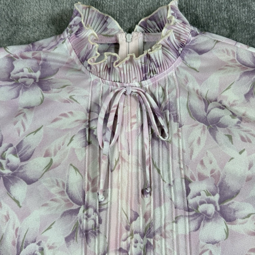 Vintage Graff Blouse Women's 14 Purple Floral Pleated Ruffle Sheer Feminine